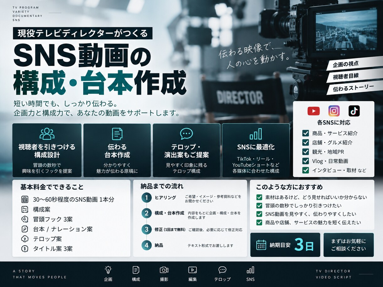 SNS動画の構成・台本作ります 現役テレビDが伝わる動画設計をします イメージ2