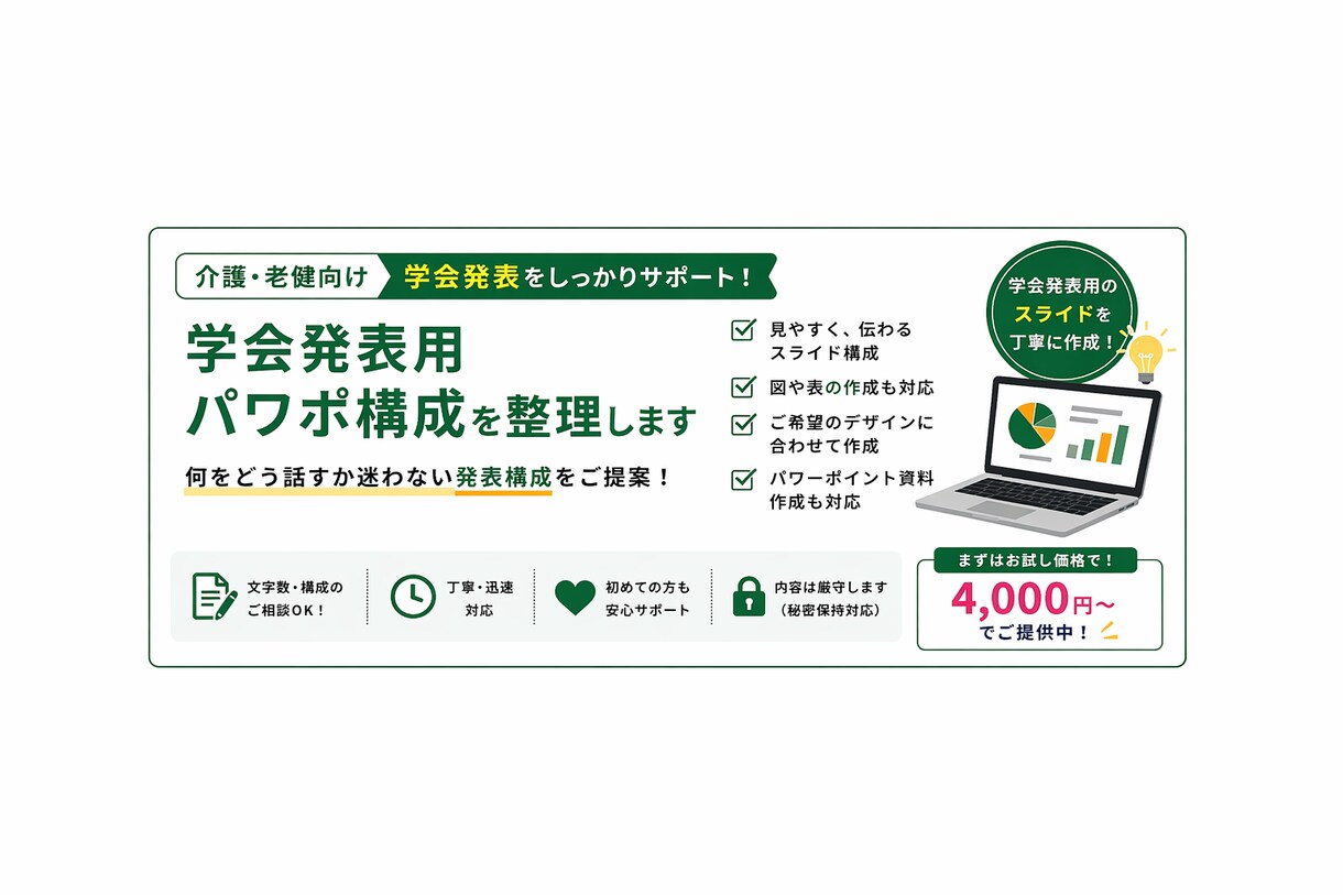 学会・研修発表用パワポ構成を整理します 何をどう話すか迷わない発表構成を一緒に作ります！ イメージ1