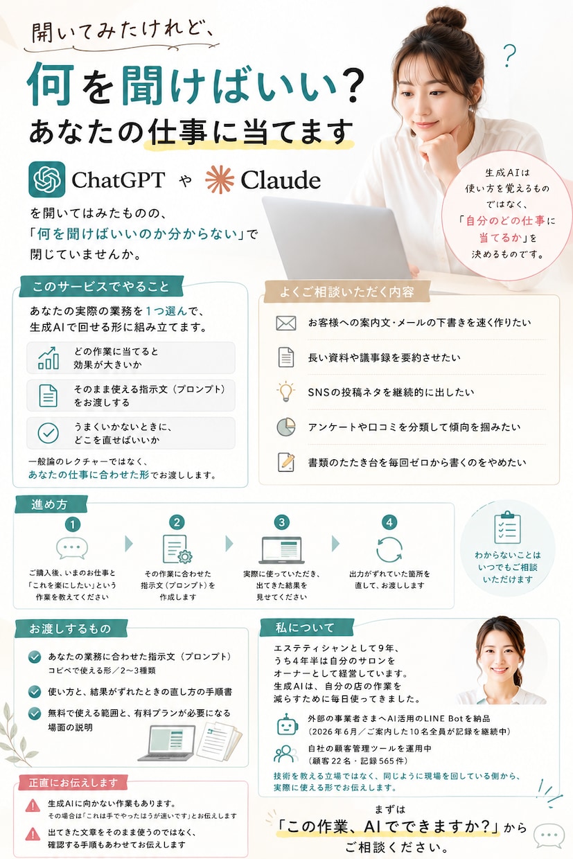 生成AIを自分の仕事で使う方法をお教えします 「便利そう」で止まっている生成AIを、実務に落とします イメージ1