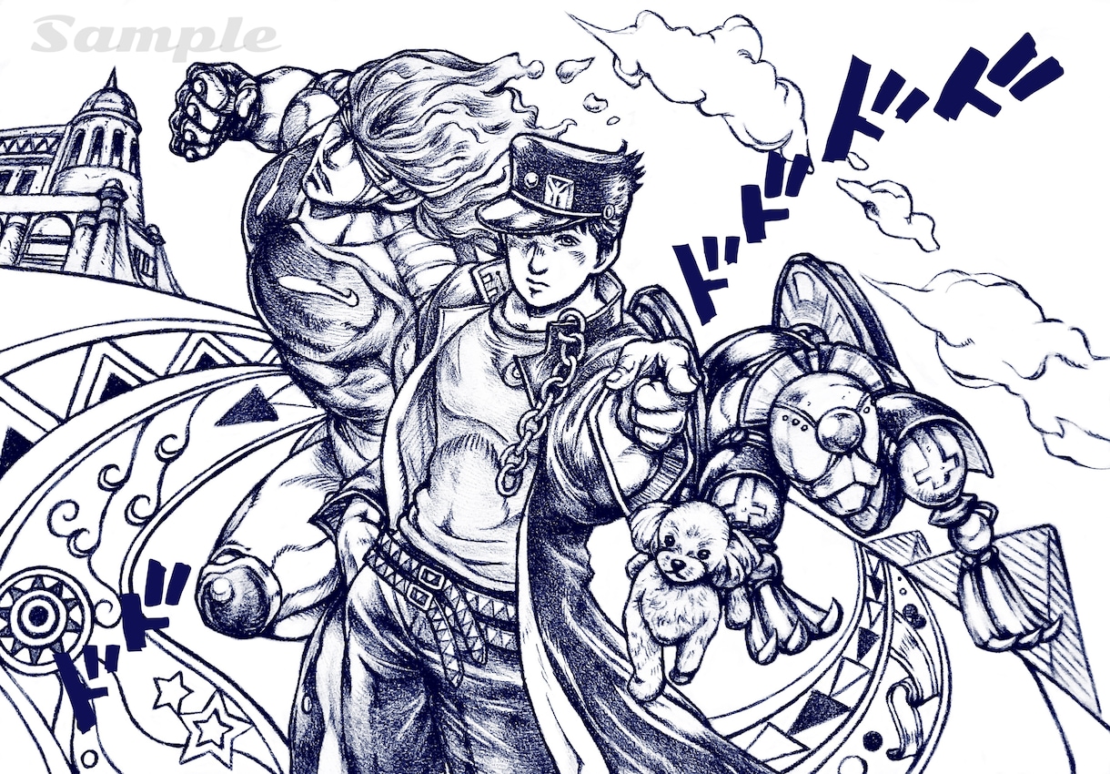 ジョジョ風の似顔絵アナログタッチでお描きします フォローかサービスお気に入り登録で1枚につき500円OFF！ イメージ1
