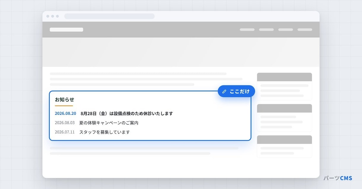 ホームページに自分で更新できるお知らせを導入します 制作会社に頼まなくても、その日のうちに載せられる状態にします イメージ1