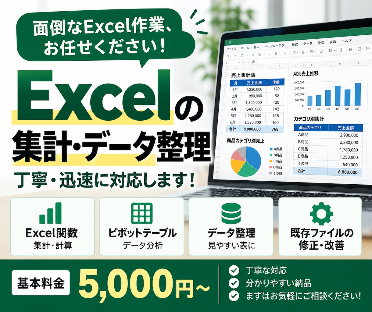Excelのデータ集計・整理を丁寧に代行します 関数・ピボット対応！面倒なExcel作業をお手伝い イメージ1