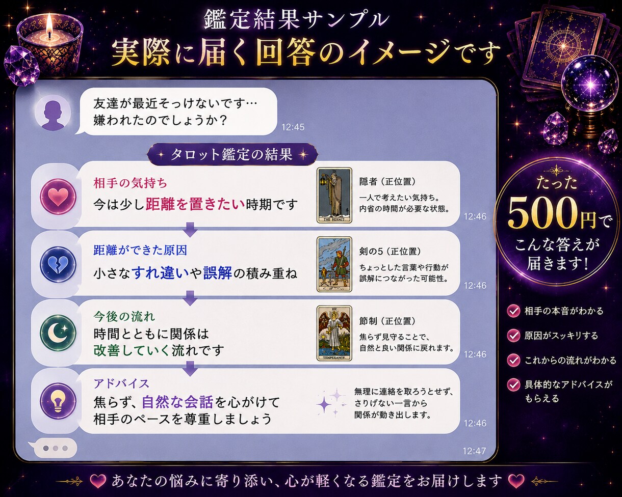 人間関係の悩みをタロットで優しく鑑定します 恋愛・友人・職場・家族の悩みに寄り添います イメージ4