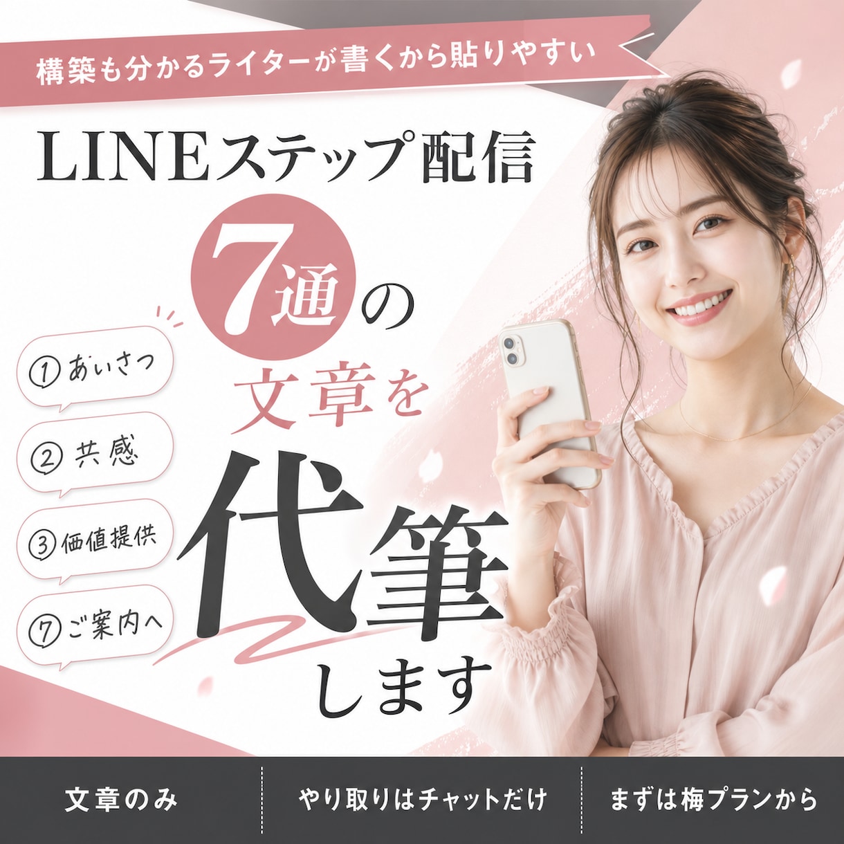 LINEステップ配信7通の文章を代筆します 売り込まずに関係を温めるやさしい配信文が得意です イメージ1