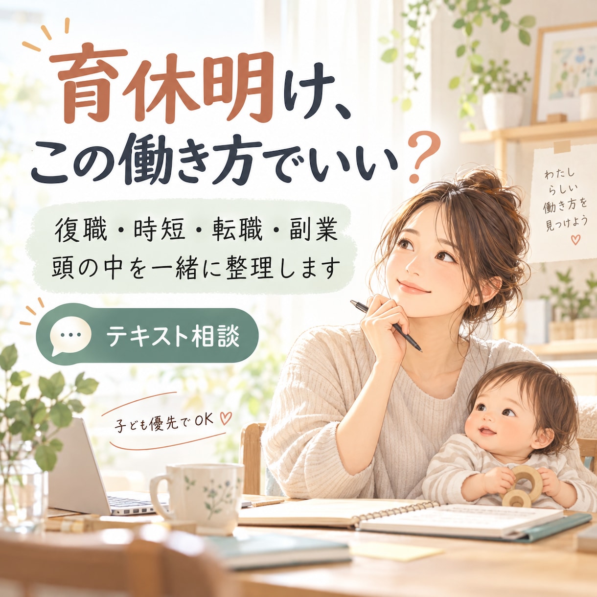 育休明けの働き方を一緒に整理します 復職・時短・転職・副業のモヤモヤを整理します イメージ1