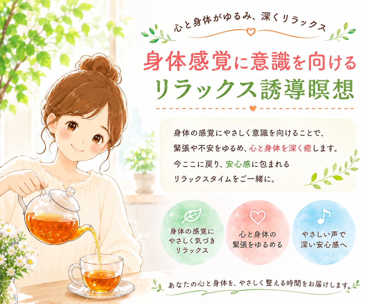 身体に意識を向けるリラックス誘導瞑想を提供します 呼吸から身体へ。ゆっくりと自分自身に意識を向ける時間 イメージ1