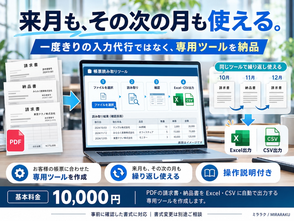 請求書・納品書のPDFからExcelを自動化します 面倒な転記は自動化。空いた時間を、もっと価値ある仕事へ イメージ4