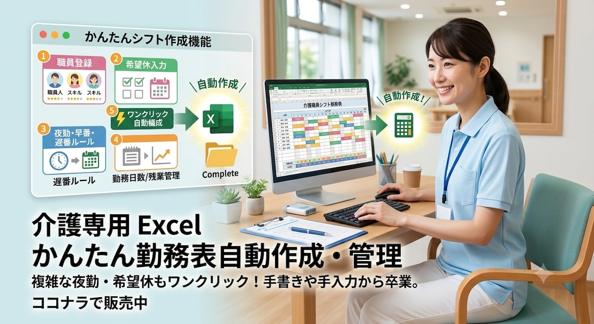 Excel勤務表を作成します 介護施設の勤務表をExcelで自動化｜勤務シフト・希望休対応 イメージ1
