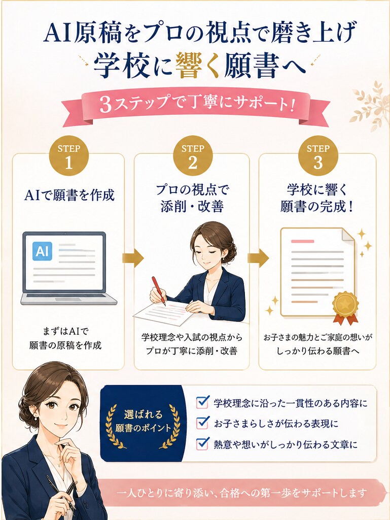 AI作成の小学校・幼稚園受験願書をプロが添削します 教育理念に照らし内容と表現をプロが確認・添削 イメージ3