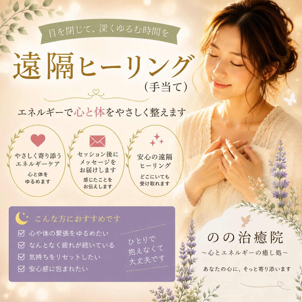 遠隔ヒーリング｜心と体にそっと手を当てて癒します あなた本来の軽やかさを取り戻す、心と体のメンテナンス時間 イメージ1
