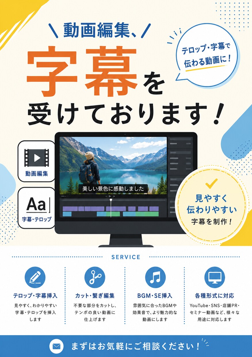 主に字幕や、簡単なカット作業ができます 丁寧に仕事をすることで信頼を勝ち得ていきます。 イメージ1