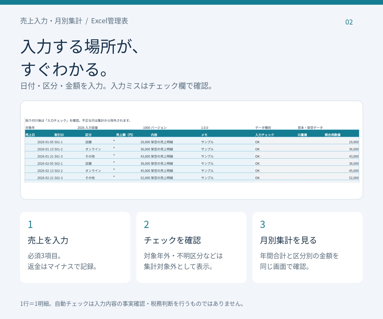 売上を月別・区分別に集計するExcel表を作ります 入力1,000行・区分5つまで。使い方付きで納品 イメージ2