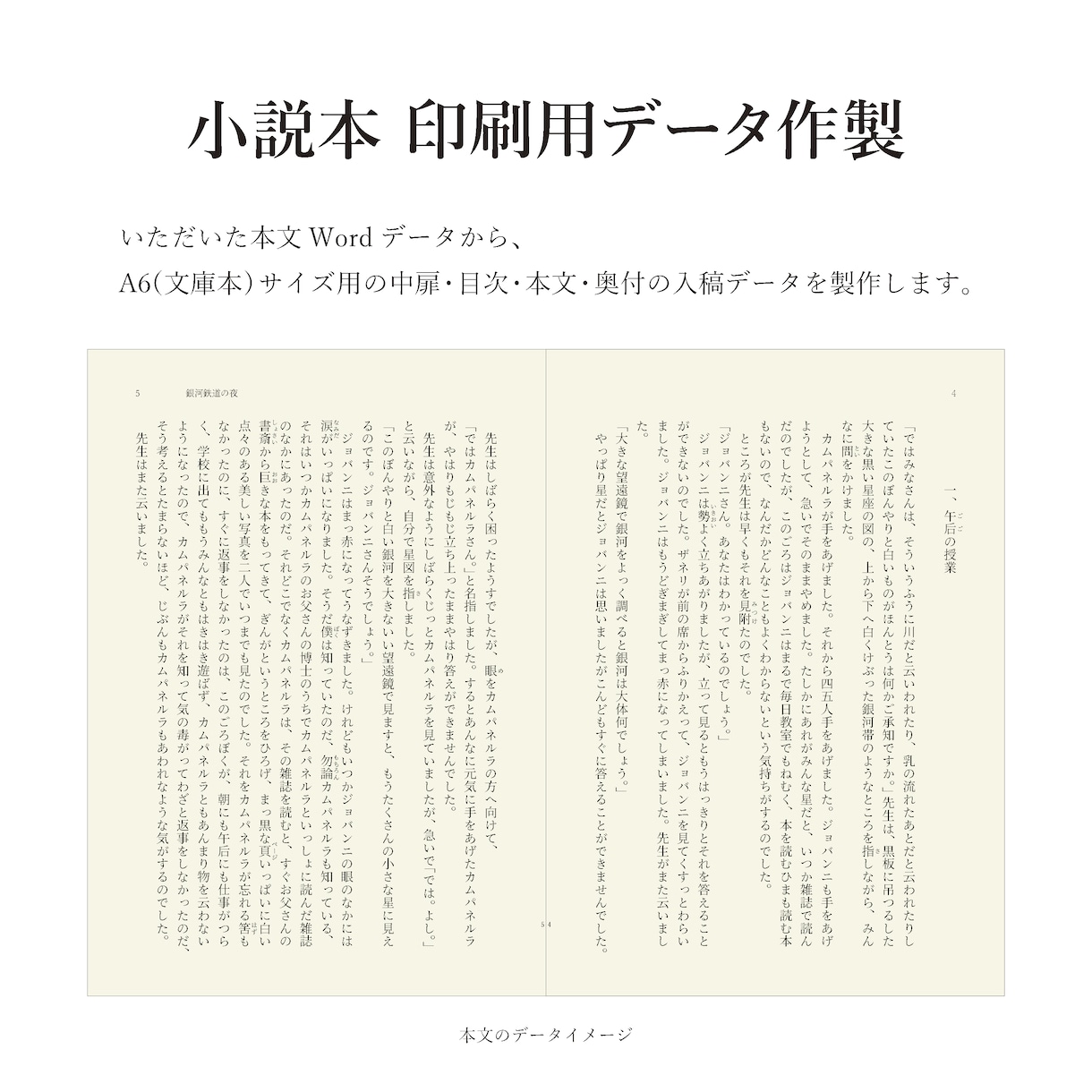 ZINE・同人誌 小説本の印刷用データを作製します いただいた本文データから入稿用のデータを製作します。 イメージ1
