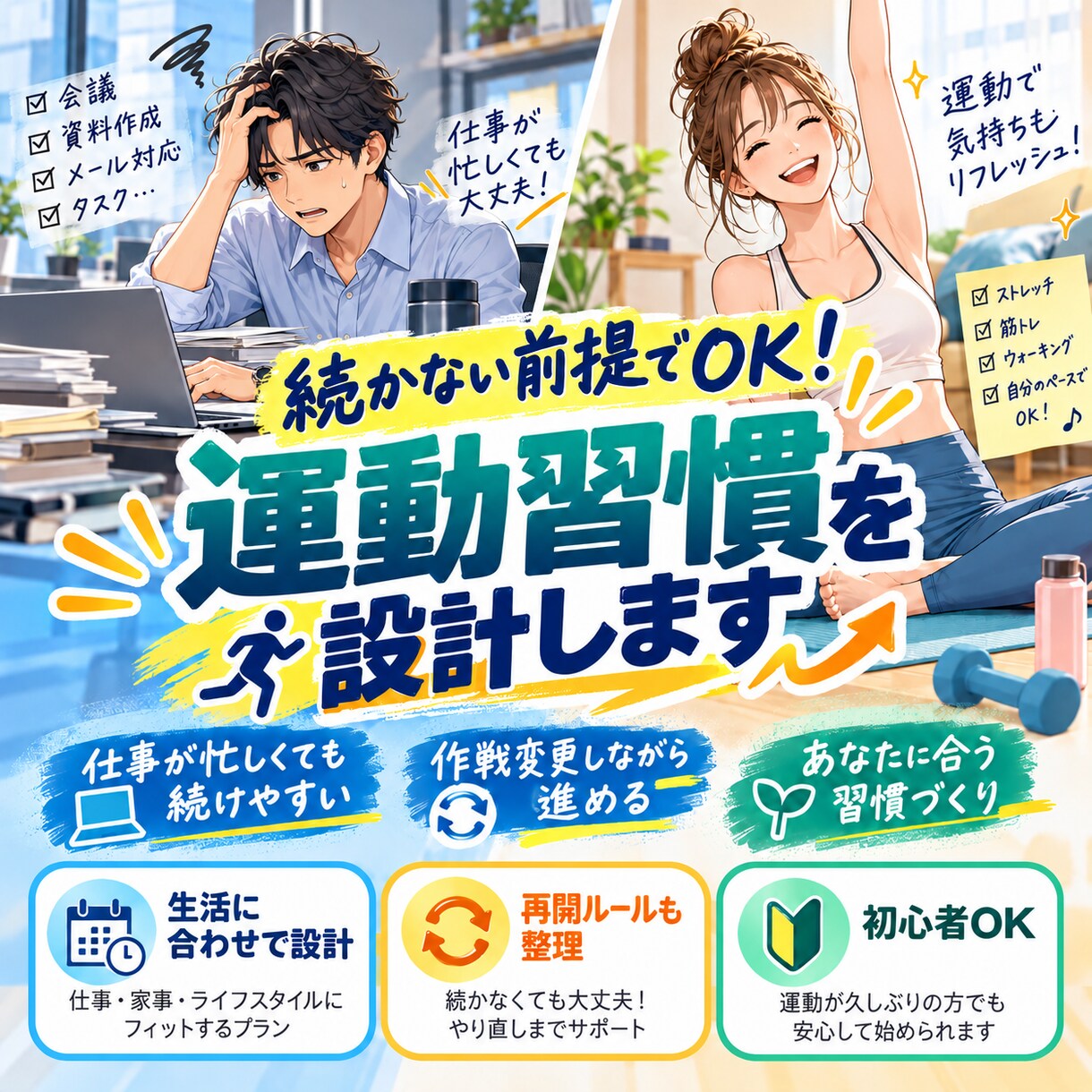 三日坊主とはおさらば！運動習慣を設計します シフト勤務も想定！できない日からの再開法も決める！ イメージ1