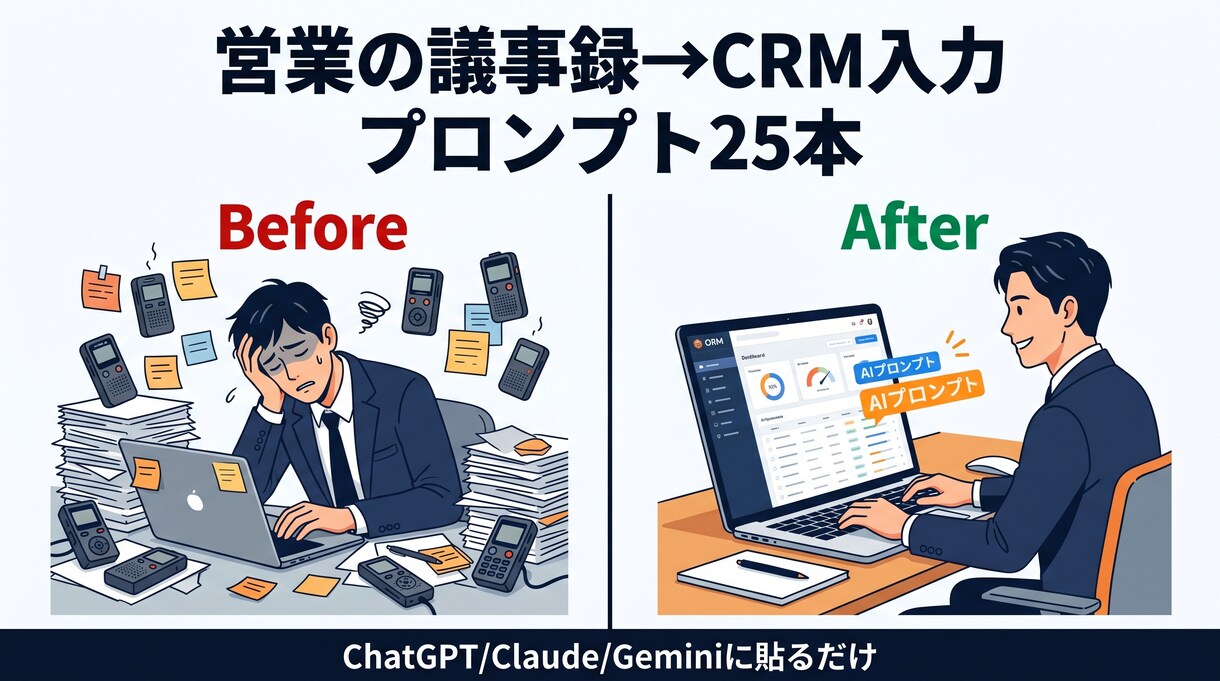 営業の議事録→CRM入力プロンプト渡します 商談録音→議事録→CRM下書きまで一気に。営業の事務時間半減 イメージ1
