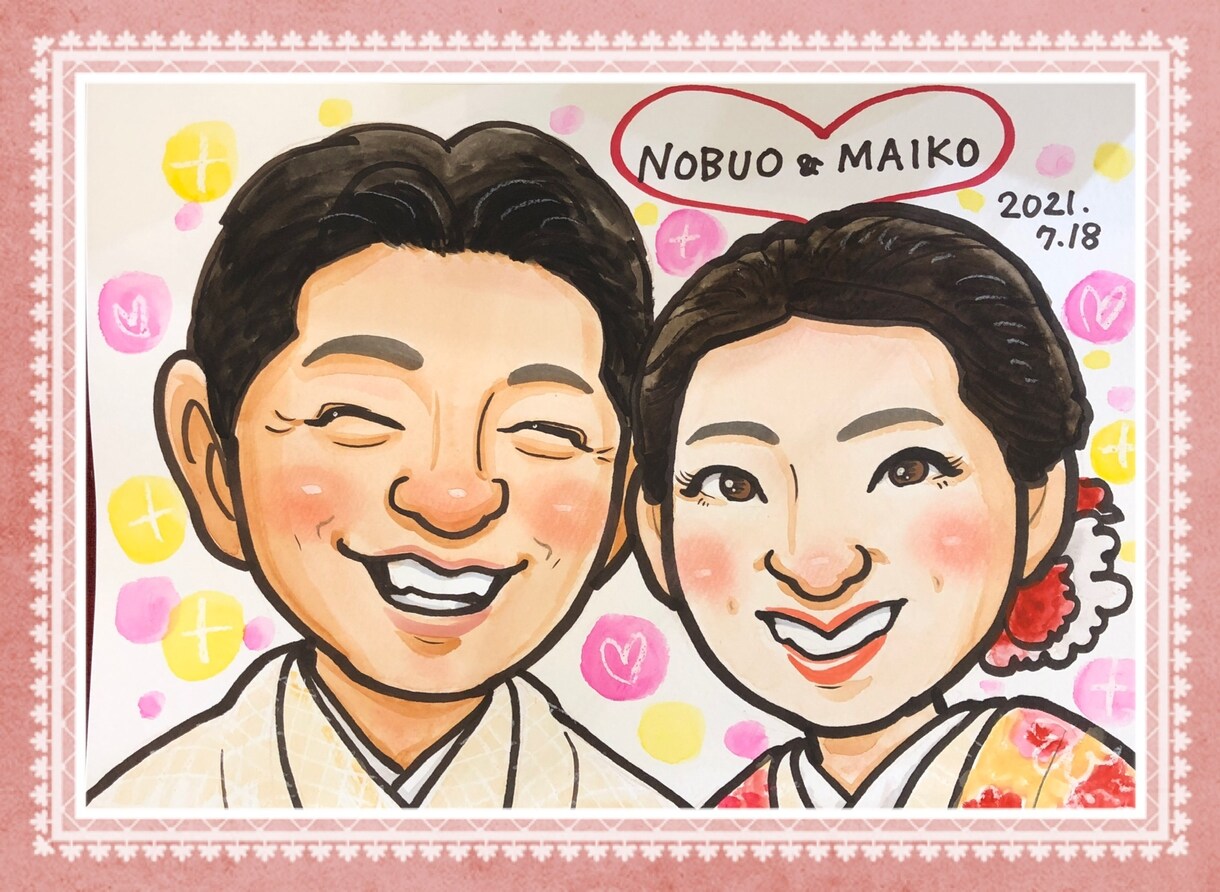 カップル似顔絵♪お2人の記念日のお手伝いをします ◆送料無料でプレゼントに最適♪ウェルカムボードにも◆ イメージ3