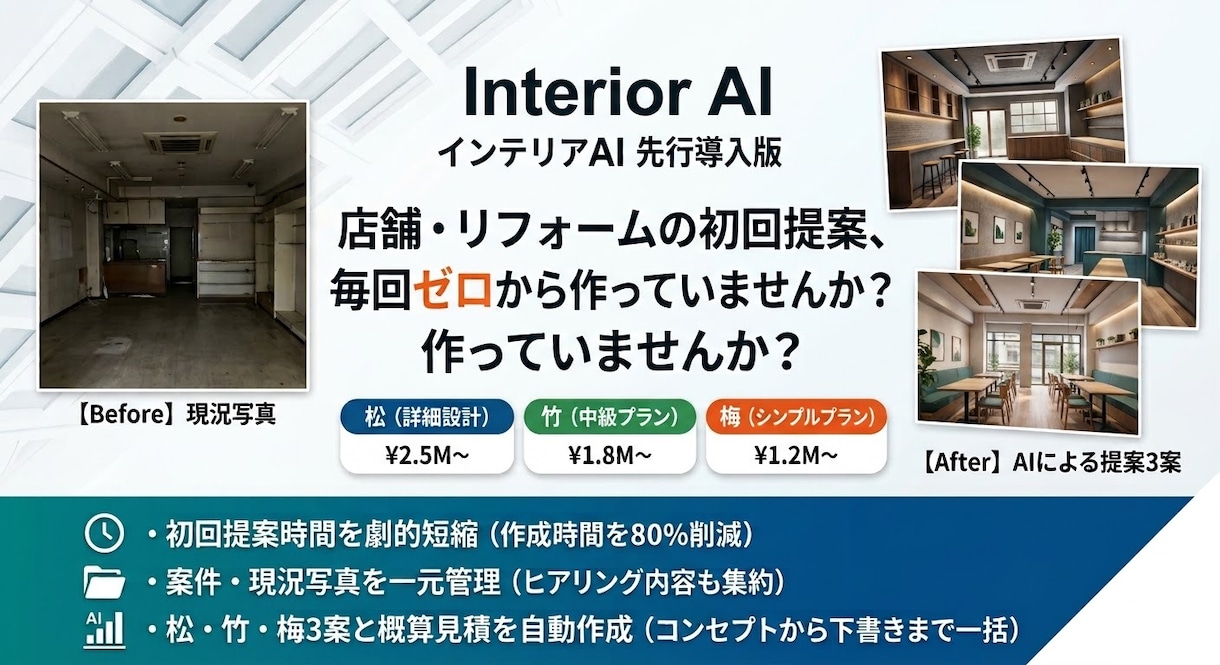 店舗リフォーム提案用AIアプリを導入します 現況写真から比較3案と概算のたたき台を一括作成 イメージ2