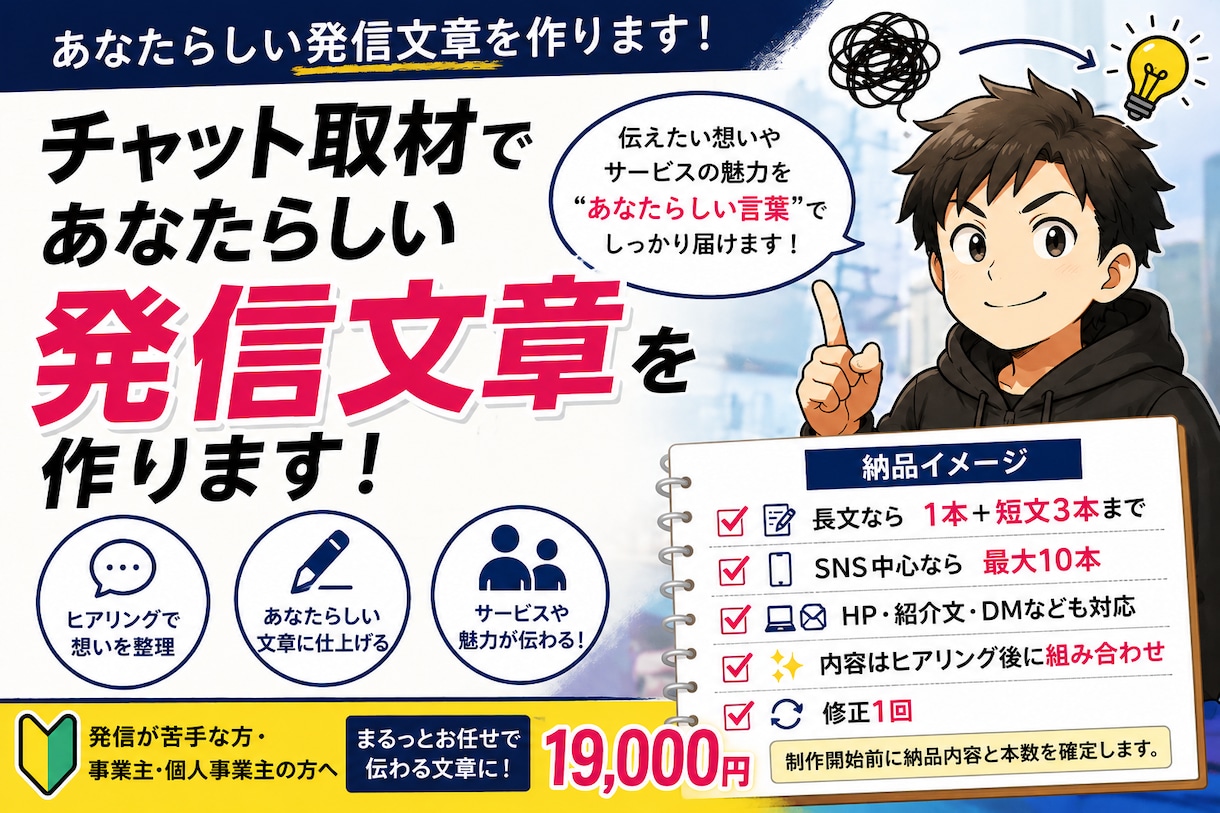チャット取材であなたらしい発信文章を作ります SNS・HP・DMなど使う媒体に合わせて文章を作ります イメージ1