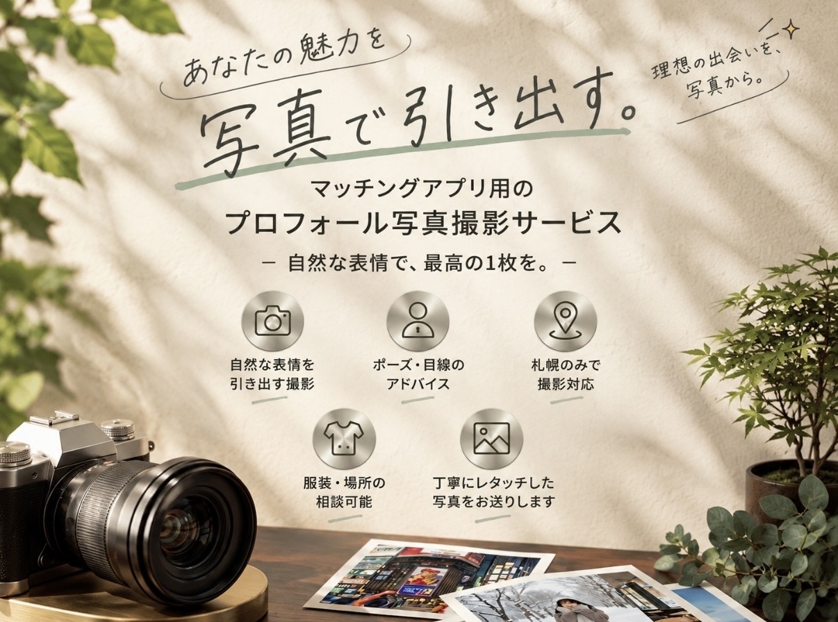 札幌で魅力的なマッチングアプリ用の写真を撮影します 写真が苦手な方も安心。自然な表情を一緒に引き出します！ イメージ1