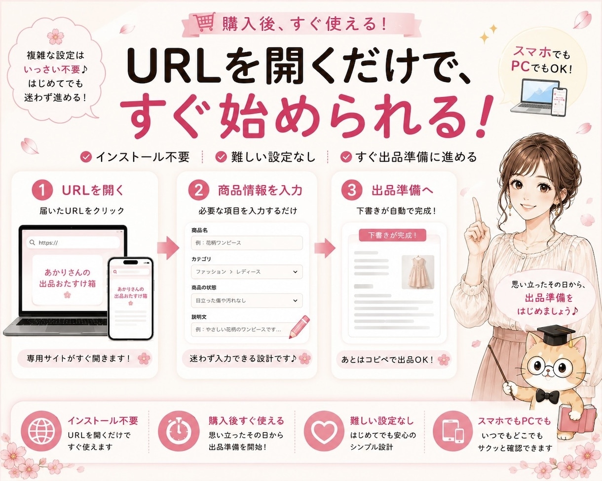URLを開くだけでフリマ出品の世界へ飛び込めます 説明文づくりと出品前チェックができるかんたんキット イメージ2