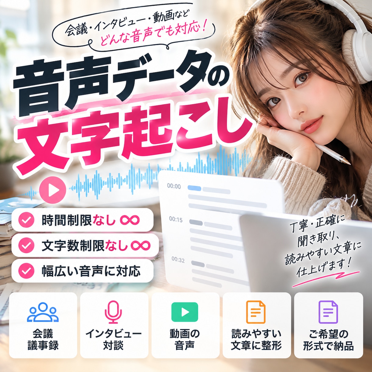音声データの文字起こしを行います 音声データの時間制限・字数制限ありません！ イメージ1