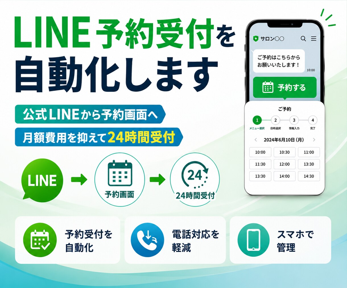 LINE予約受付を自動化します 公式LINEから予約画面へ｜24時間予約受付・月額費用なし イメージ1