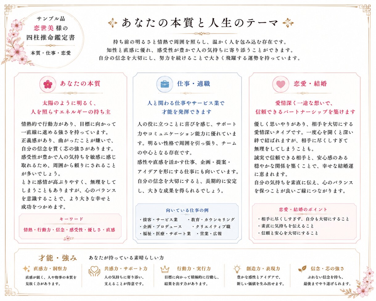 四柱推命であなたを丁寧に鑑定しますます 初心者にも分かりやすく、あなただけの鑑定書をお届けします。 イメージ3