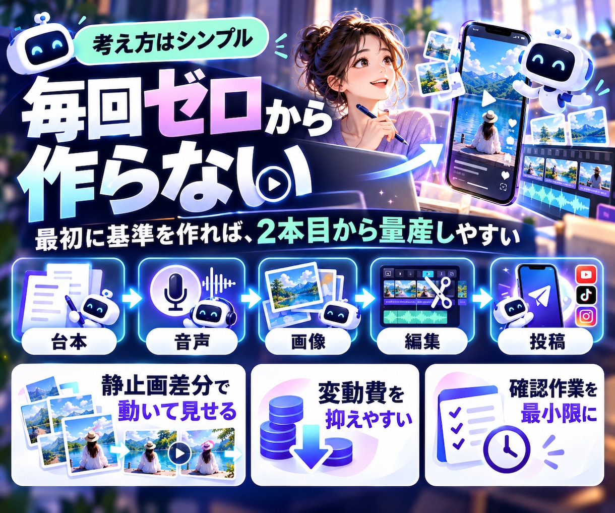 顔出し不要｜AIショート動画量産の仕組みを教えます 投稿を7工程に分け、最初の1本を基準動画として半自動化します イメージ3