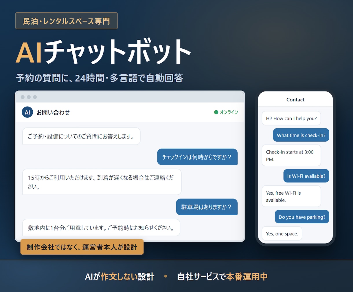 民泊・レンタルスペースのAIチャットボット作ります 本番運用中の自社AIと同じ仕組み｜多言語で24時間対応 イメージ1