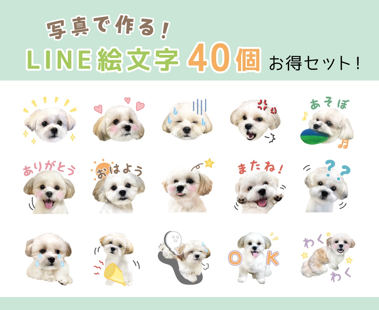 写真を使ったLINE絵文字【40個】で作ります 大切なペットのお写真を可愛くアレンジして絵文字にします！ イメージ1