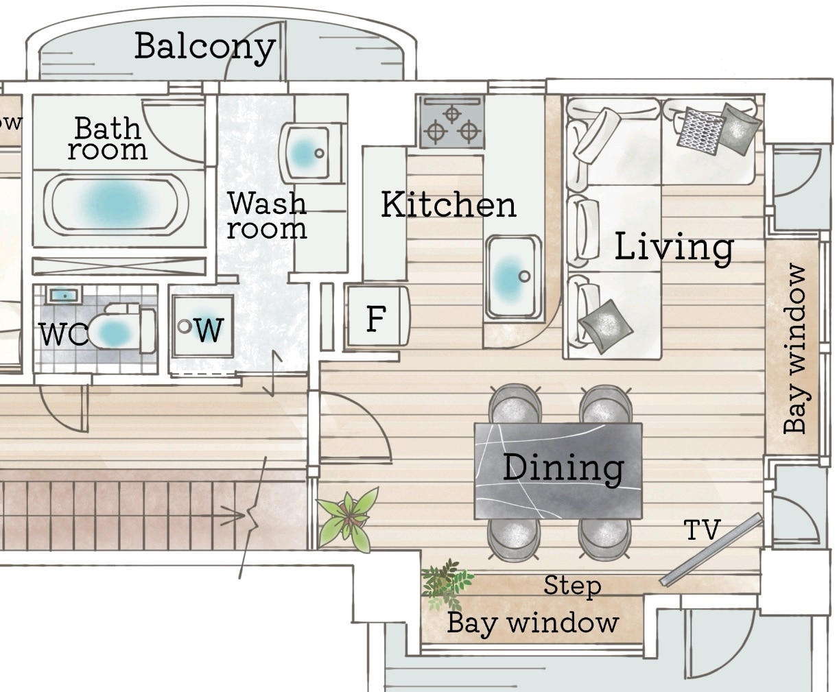 ふんわり美しい手描き風間取り図を作成します 戸建マンション店舗民泊などに。オリジナル家具や床材対応します イメージ1