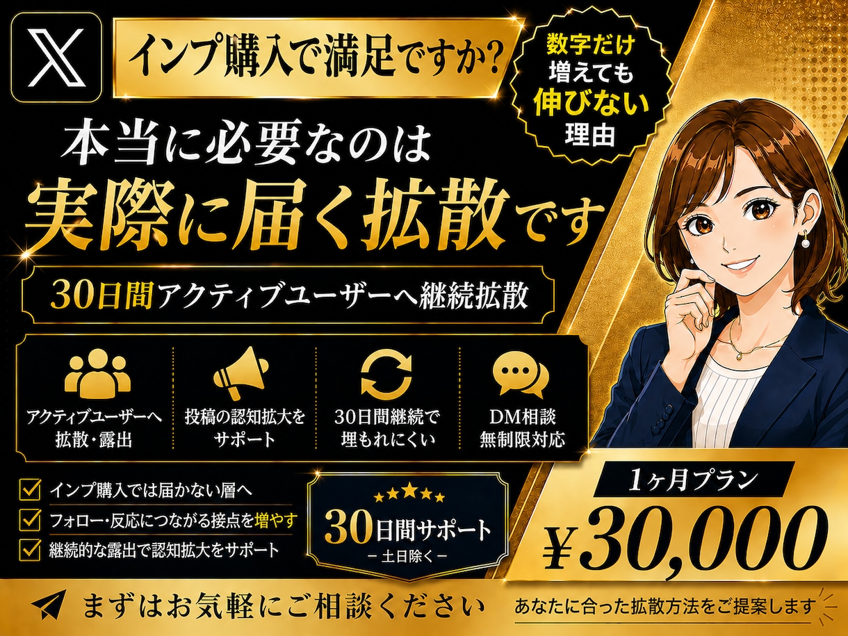 X投稿を30日間アクティブに拡散サポートします あなたのその伸び悩み…30日間で正しい運用でアクティブに！ イメージ1