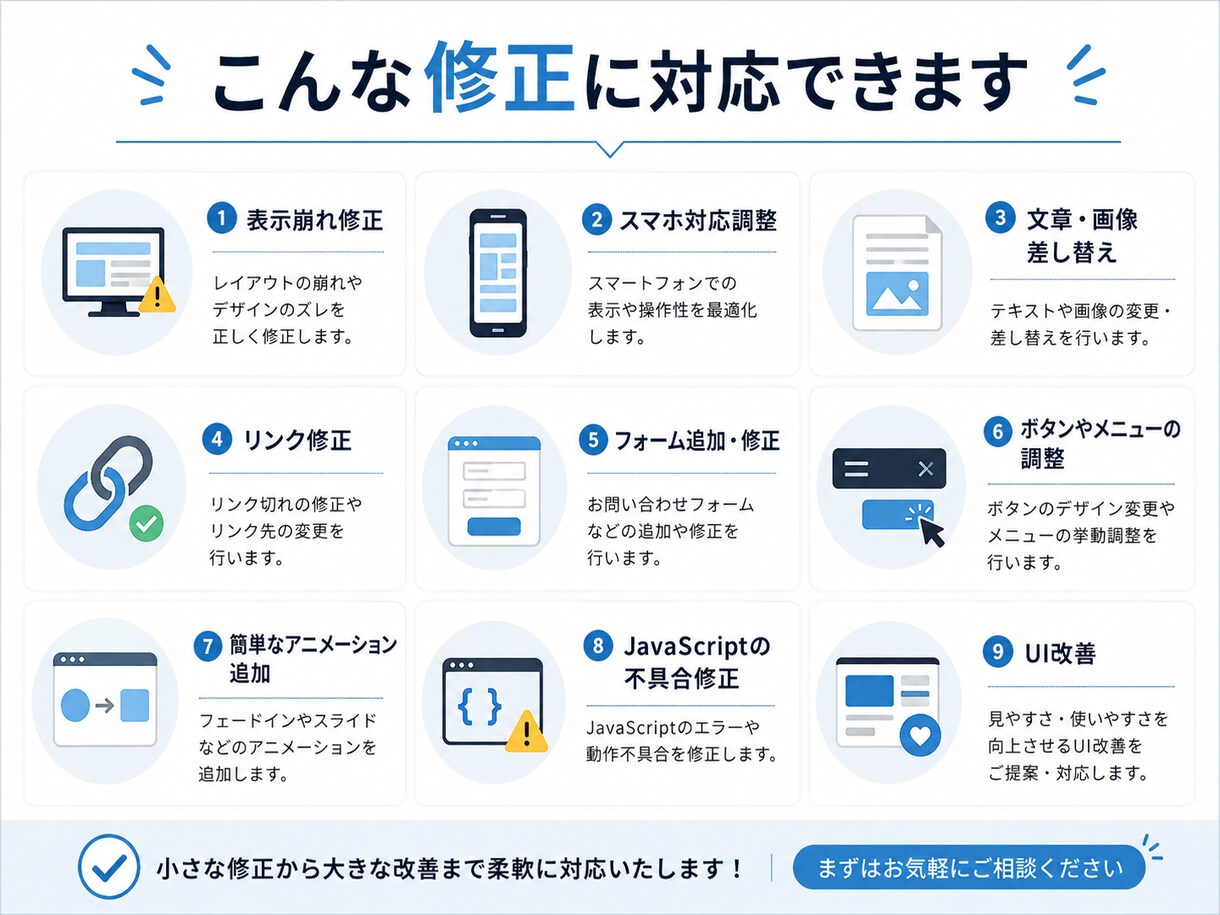 Webサイトの修正・改善をします 表示崩れ・文言変更・機能追加を小規模から対応します イメージ2