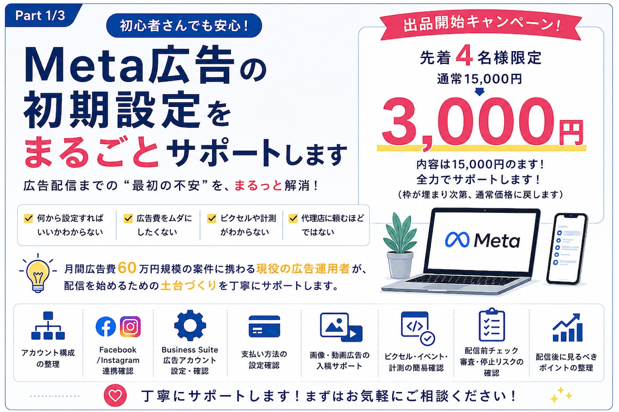 初心者歓迎！Meta広告の初期設定をサポートします 広告配信を始めるための初期設定を、わかりやすく丁寧にサポート イメージ1