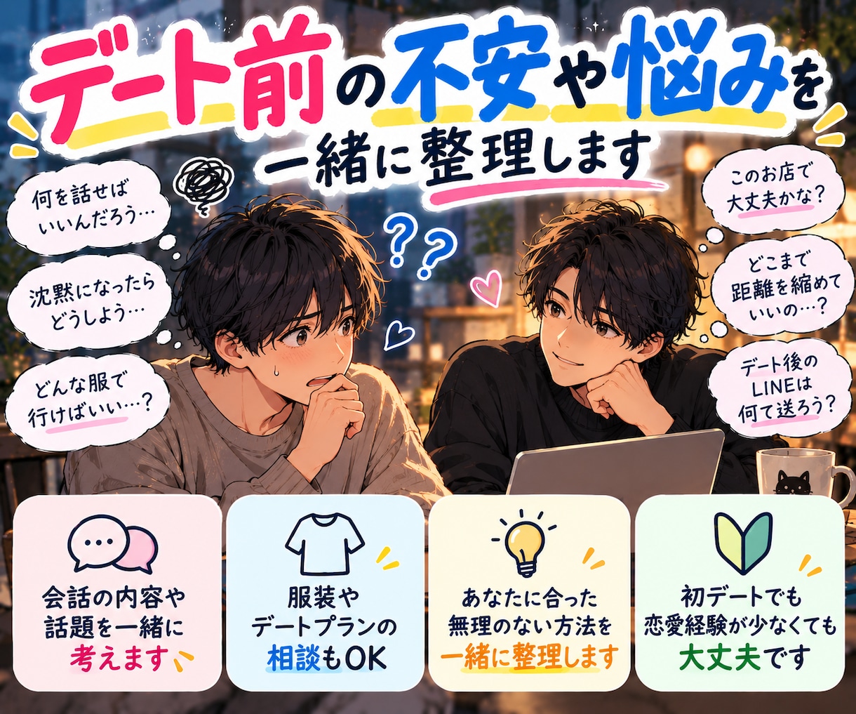 デート前の不安や悩みを一緒に整理します 初デート前の不安も一緒に整理します！一緒に頑張ろう イメージ1