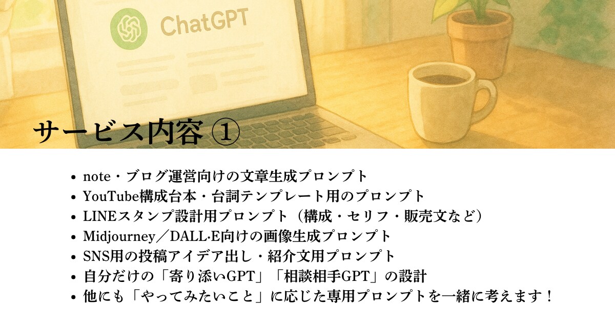 やりたいをカタチに｜プロンプト設計代行します 言葉と構成で、あなたのアイデアに灯りをともす イメージ2