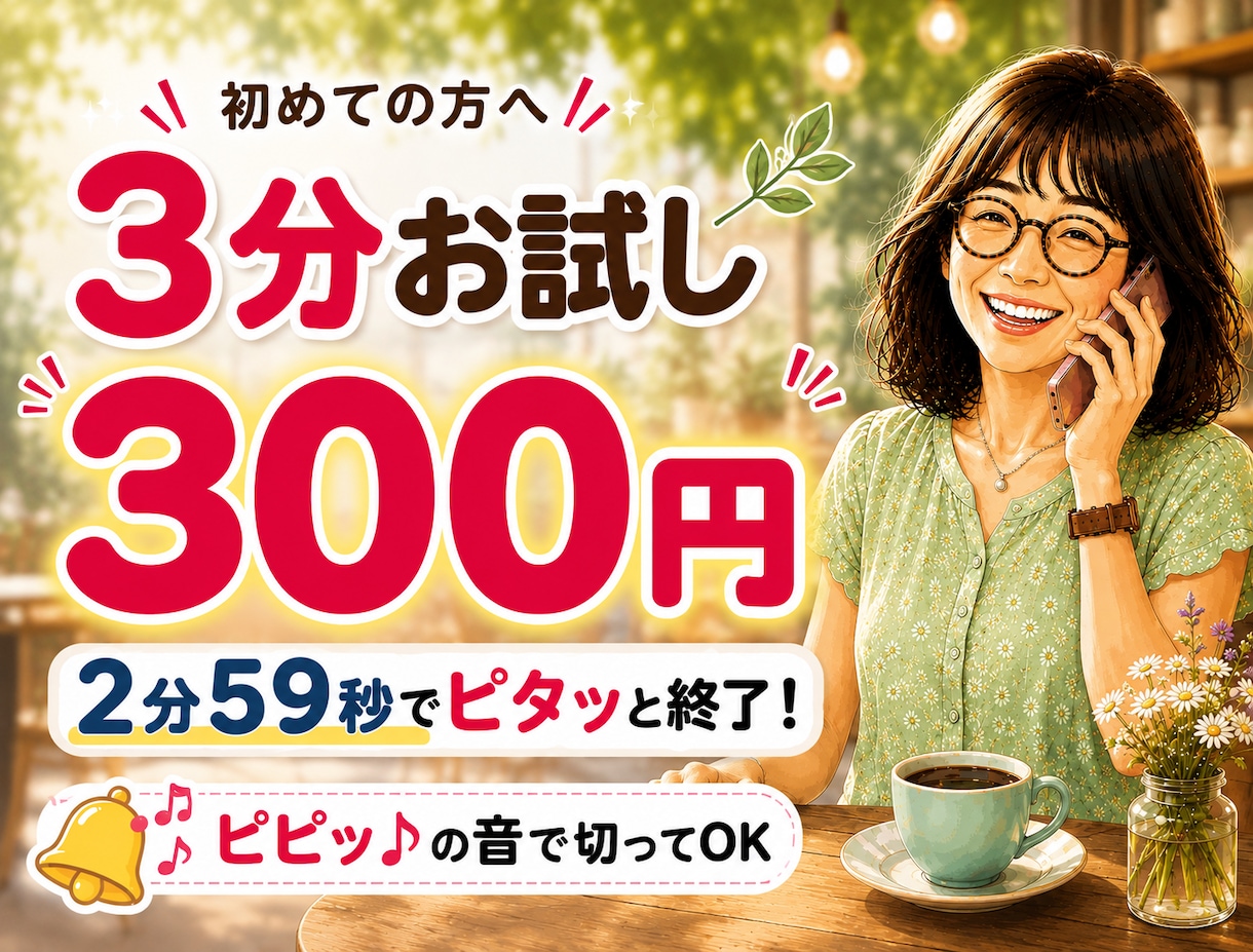3分お試し電話相談・雑談・話し相手になります 300円ポッキリ☆初めての方大歓迎♪電話相談デビューにも♪ イメージ1