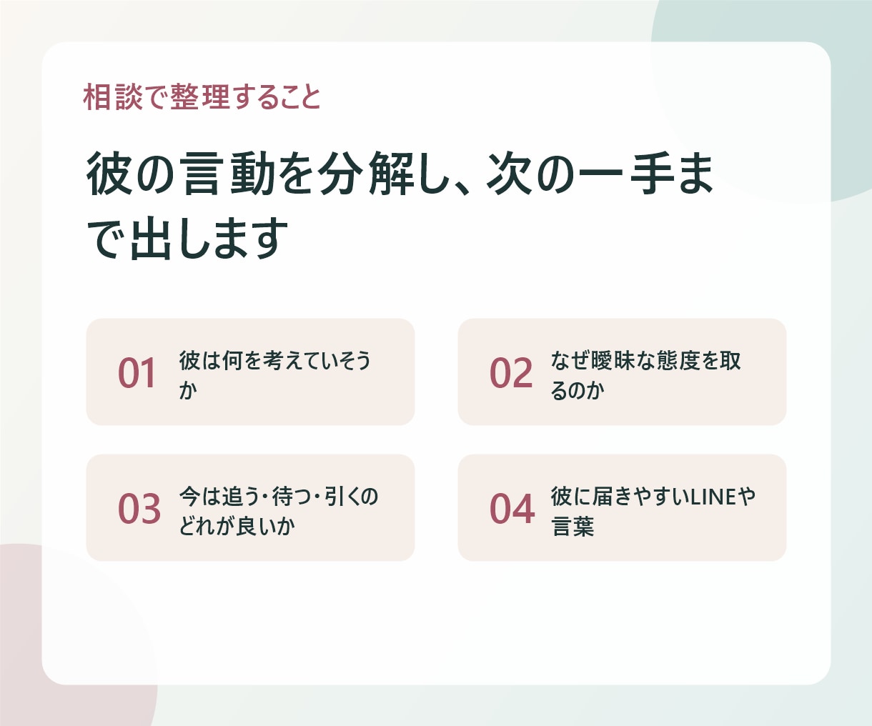 女性専用｜彼の本音を男目線で言語化します 既読スルー・曖昧な態度も丁寧に整理 イメージ5