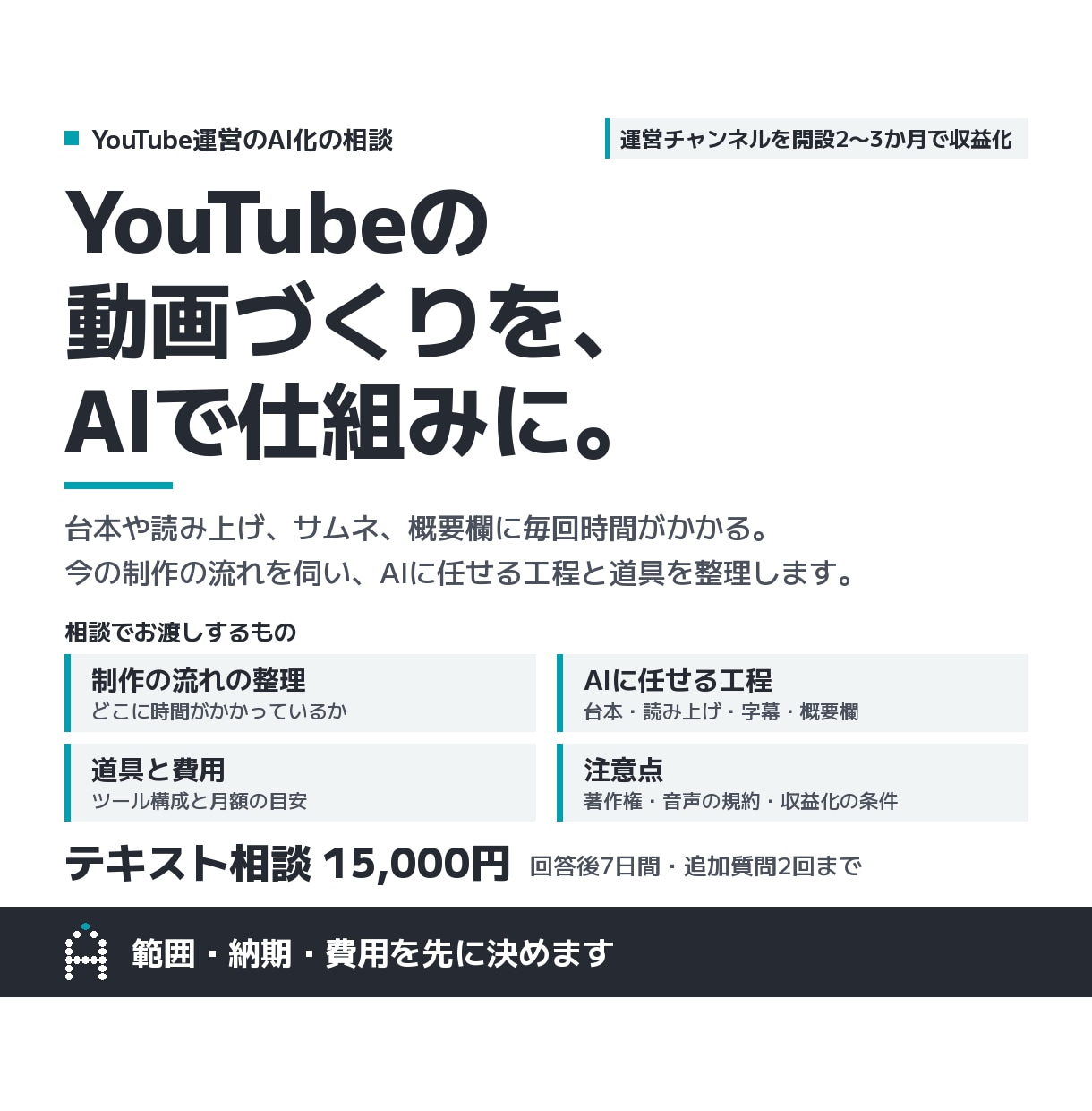 YouTube運営をAIで効率化する相談に乗ります 台本・読み上げ・サムネ・概要欄まで、制作の流れを整理 イメージ1