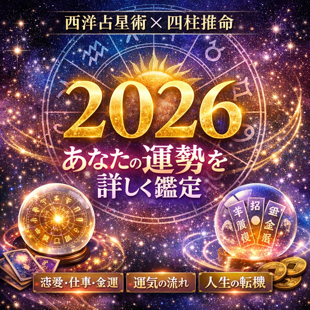 西洋占星術 × 四柱推命で今年の運勢を占います 恋愛・仕事・金運など、運気の流れと人生の転機を読み解きます イメージ1