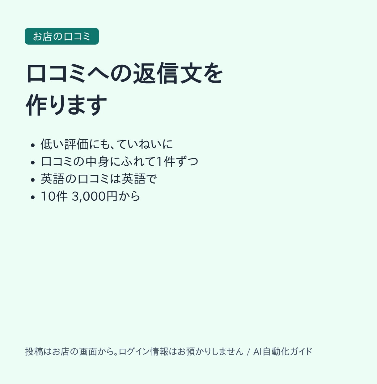 低い評価にも丁寧に、口コミの返信文を作ります 口コミの中身にふれて1件ずつ。10件3,000円から イメージ1