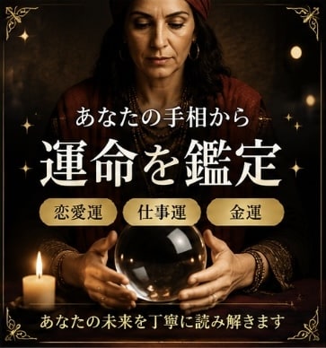 手相で恋愛・仕事・金運を鑑定します あなたの手のひらに刻まれた運命を、丁寧に読み解きます。 イメージ1