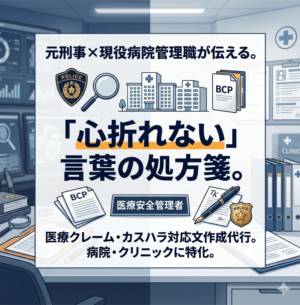 元刑事×病院管理職が医療クレーム等の相談を伺います 医療クレームなど、対応難渋事例の相談、助言等を差し上げます イメージ2