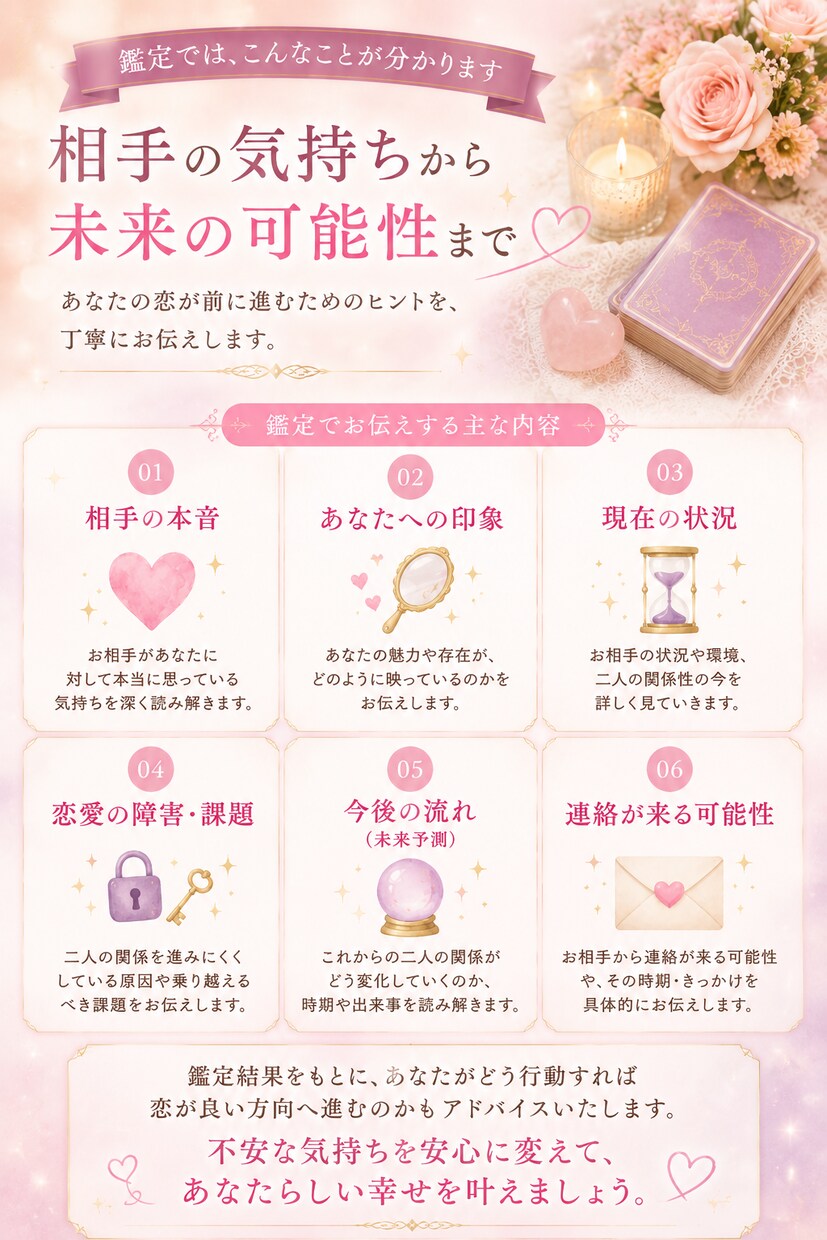 お相手の本音と今の気持ちを鑑定します 恋愛相談実績多数｜タロットで深く読み解きます イメージ4