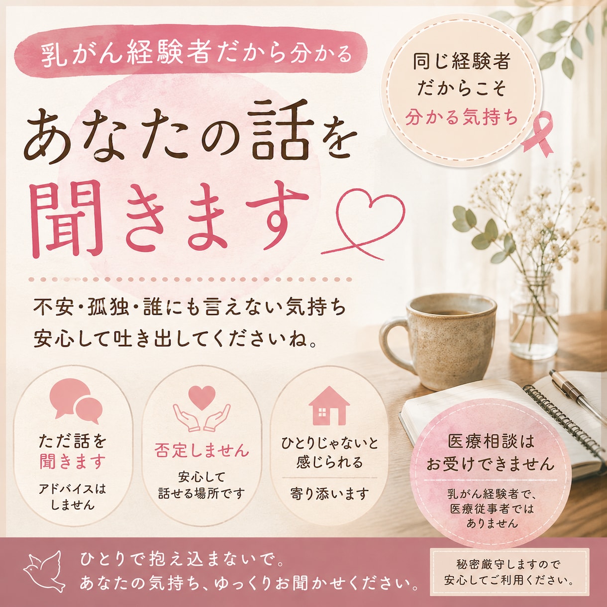 不安なお気持ち...乳がん経験者がお聞きします 乳がんのこと、誰かに話をしたいけど経験者が身近にいない... イメージ1