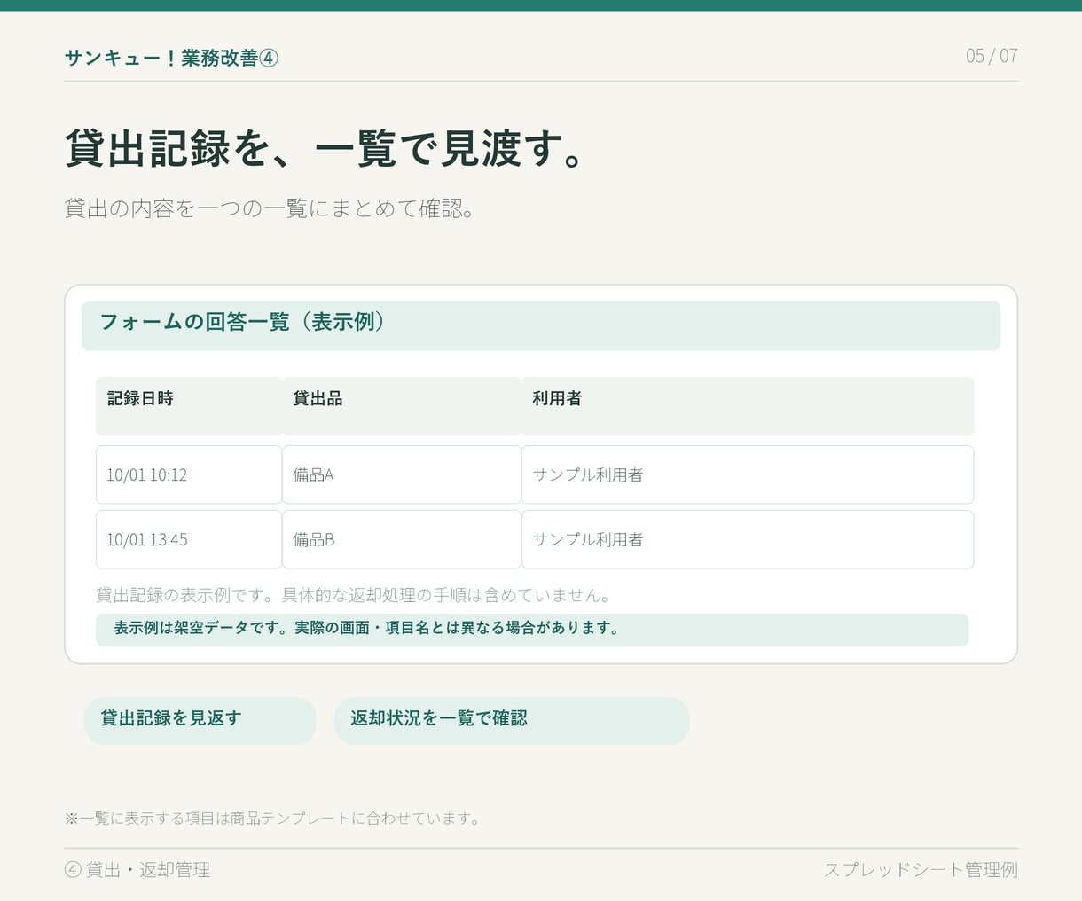 サンキュー業務改善④貸出返却を管理します 貸出をフォームで記録し、返却状況を一覧で確認できます。 イメージ6