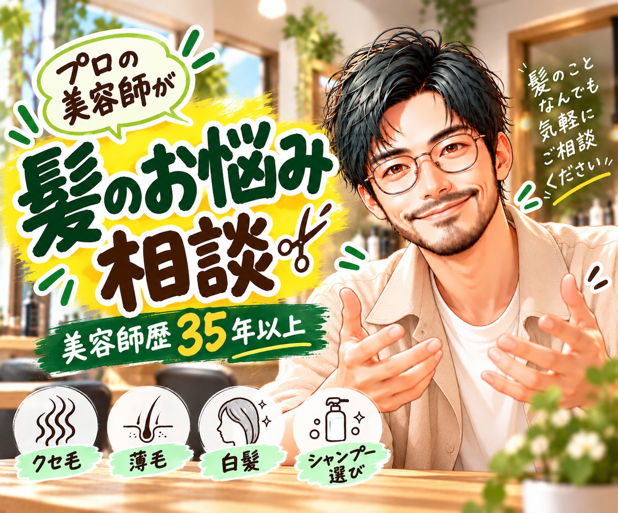 男女OK✌️プロの美容師が髪のお悩みにお答えします クセ毛、薄毛、抜け毛、ヘアケア、ダメージ、乾燥、白髪など✂️ イメージ1