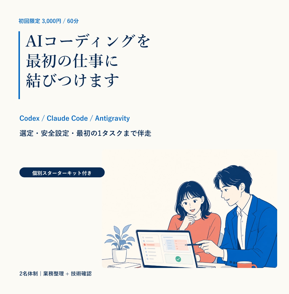 Codex・Claude Code導入を伴走します 選定・安全設定・最初の1タスクまで一緒に イメージ1
