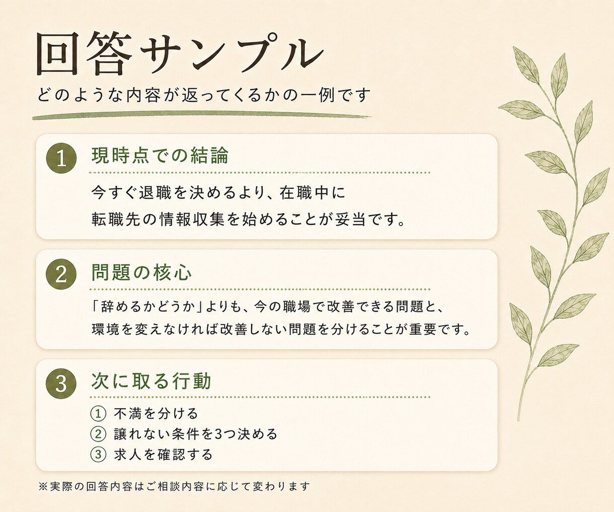 悩みを整理し、問題の核心と次の一歩を示します 慰めだけで終わらせず、前に進む道筋を文章で示します イメージ4