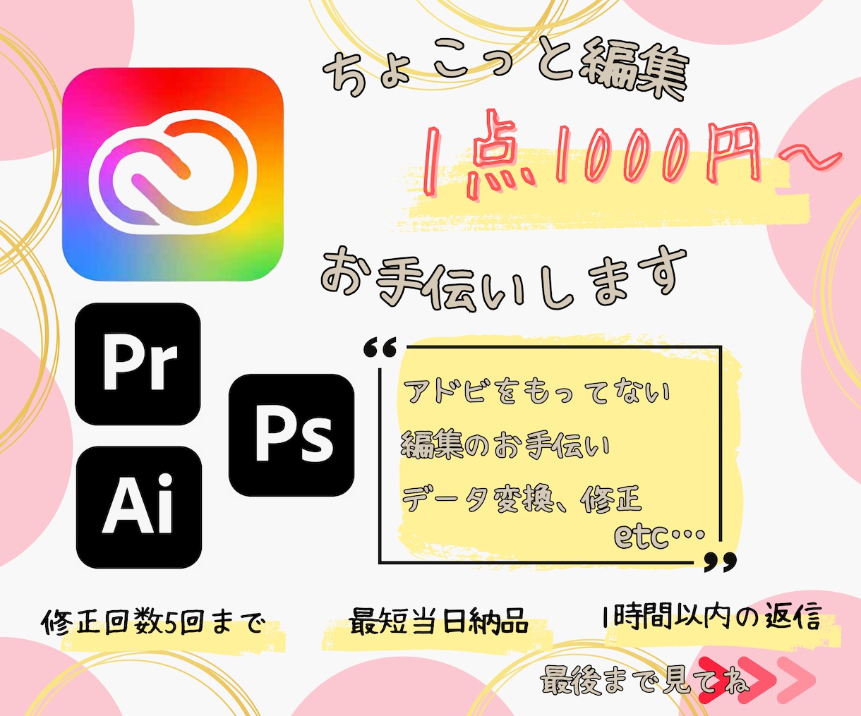 Adobeを使ったお仕事のお手伝いをいたします 『ちょこっとだけ』の内容を最短当日で編集します。 イメージ1